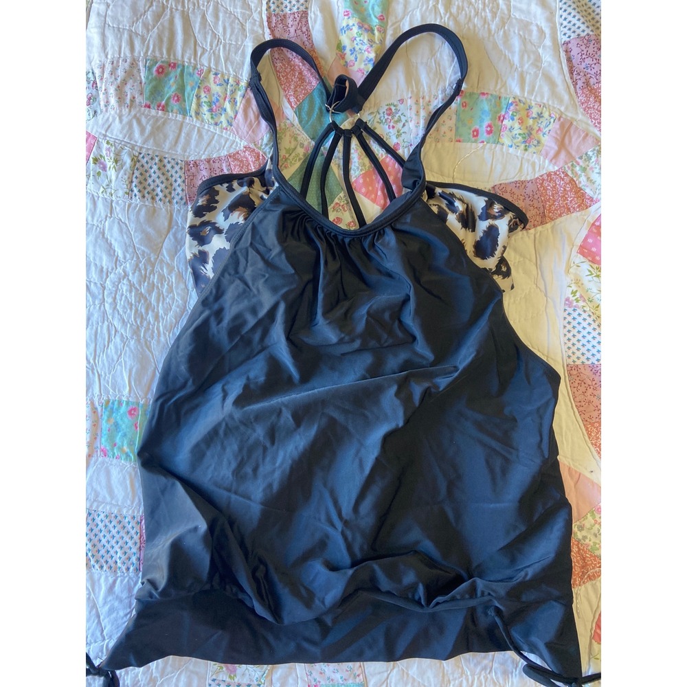 Holipick Womens Black Blouson Tankini Top Leopard Trim Strappy Racerback Size M
